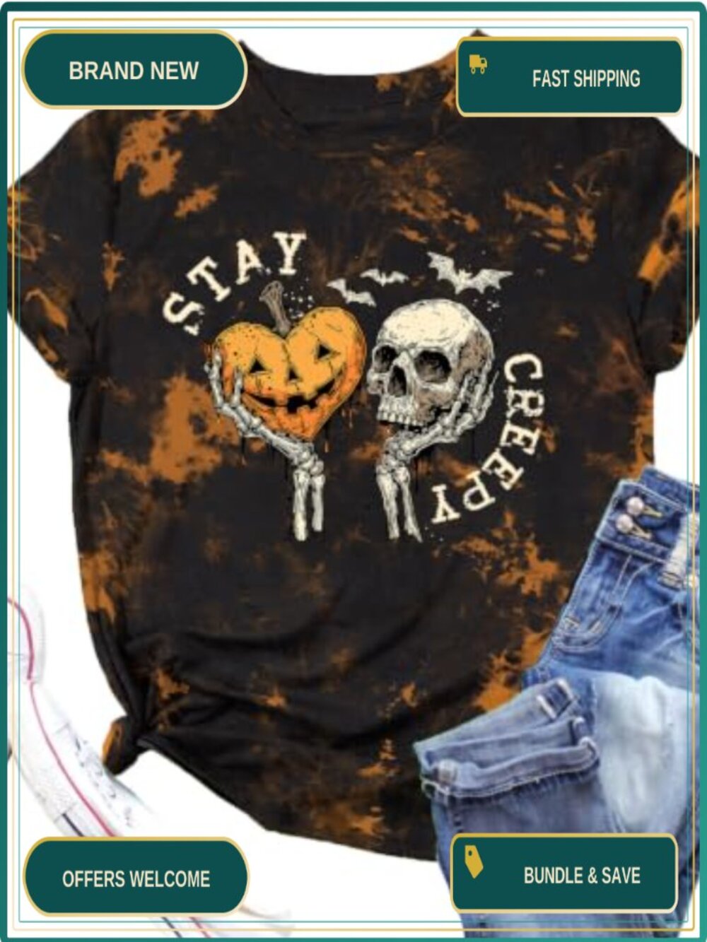 Halloween Stay Creepy Skull Graphic T-Shirt Women Short Sleeve Crew Neck